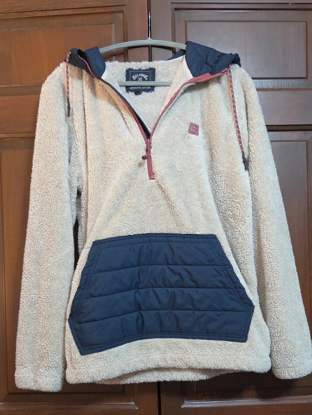 Billabong Beige Sherpa Pullover with Navy Quilted Pocket and Hood